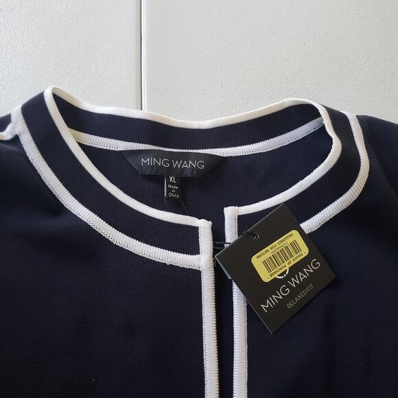 Ming Wang Cardigan Womens XL Navy White Trim Open Front 3/4 Sleeve Reimagined - Picture 3 of 8